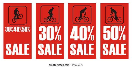 Composition from four red rectangles. In them silhouettes of bicyclists are located. Percent are below located.