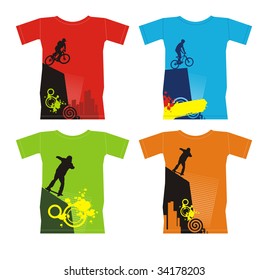 Composition with four T-shirts. On them extreme sports are represented. T-shirts are located on a white background.