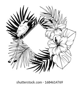 Composition with frame, hibiscus, palm leaves and bird. Vector botanical illustration