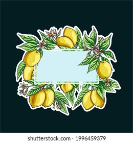 Composition frame made of vector hand drawn stylized branches with lemons, flowers and leaves. Fruit natural products. Print for clothing and design. Place for Inscription