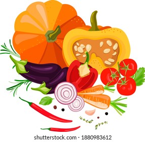 Composition of fresh farm vegetables: pumpkins, tomatoes, carrots, eggplant, herbs, spices, onions, hot peppers. Logo, sticker on the theme of gardening, growing bio-products.