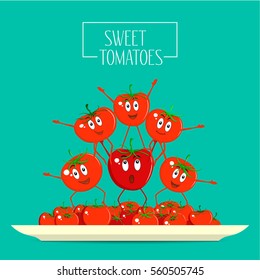 The composition of fresh healthy red and funny tomatoes on a plate. Great for design of healthy lifestyle and different advertising projects. Vector illustration