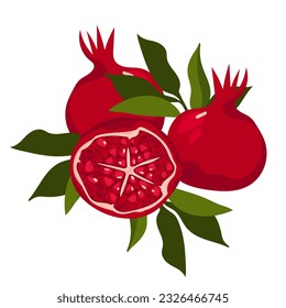 composición con granadas frescas. enteras y cortadas de granada con brotes. impresión de cocina.