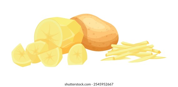 Composition of fresh potatoes in cartoon style. Vector illustration of tasty potato: whole, half cut, strips, pieces isolated on white background. Peeled and unpeeled potatoes. Healthy food. Harvest. 
