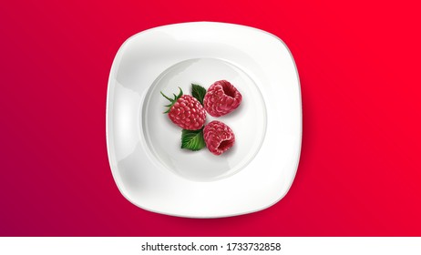 Composition of fresh raspberries on a white plate.