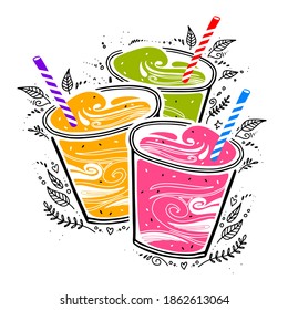 composition with fresh smoothies in different colors. Superfoods and health or detox diet food concept in doodle style. Detox cocktail in a glass with a straw. handmade vector sketch on white.