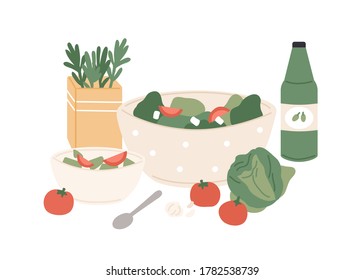 Composition of fresh vegetable salad and juice vector flat illustration. Chopped tomato, cabbage, cucumber and greenery in bowls for healthy nutrition isolated. Appetizing vegetarian lunch or dinner