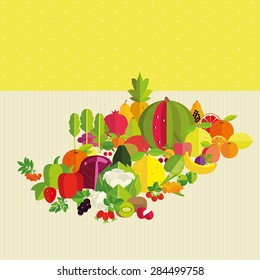 Composition of fresh vegetables, fruits and berries on a yellow background. Basics of healthy nutrition.