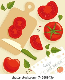 Composition from the fresh whole and cut tomatoes. Vector background