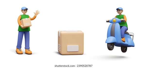 Composition with friendly courier holding box and saying hello, big parcel. Man driving scooter delivers order to customer. Vector illustration in 3D style