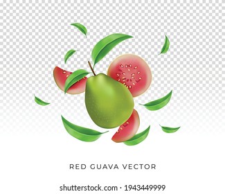 Composition of fruit juice for ad design of Pink Guava and slices with leaves