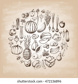 The composition with fruit and vegetable in a circle. Hand drawn elements. Vector illustration