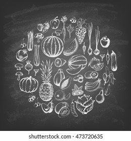 The Composition With Fruit And Vegetable In A Circle On The Blackboard. Hand Drawn Elements. Vector Illustration