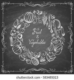 The composition with fruit and vegetable in a circle on the blackboard. Hand drawn elements. Vector illustration.