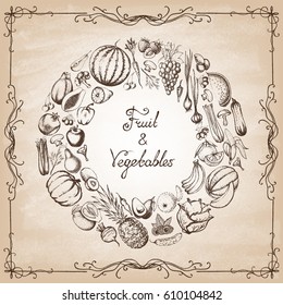 The composition with fruit and vegetable in a circle on the blackboard. Hand drawn elements. Vector illustration.