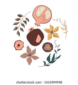 Composition with fruits, leaves and flowers.  Cartoon vector illustration in flat style. Invitation, greeting card, stickers, print and backgrounds.