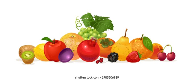 Composition of fruits. Pomegranate, orange, plum, kiwi, strawberry, pear, sweet cherry, persimmon, lemon, blackberry, apple, grape, peach, orange. Vector illustration isolated on white background.