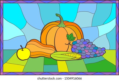 Composition of fruits and vegetables in stained glass style. Pumpkin, grapes, apple, butternut squash, corn and apple