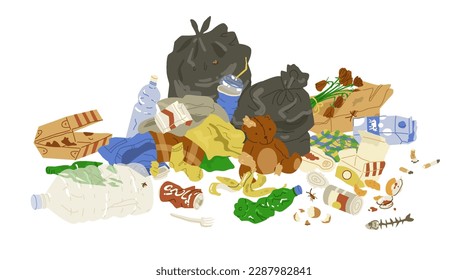 Composition with a full trash can and a pile of garbage, discarded things.  Waste sorting. Scrapyard. City cleaning. Flat style in vector illustration. Isolated objects. 