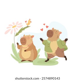 Composition of funny capybaras in love. Happy exotic animals, cute biggest rodents, different poses and emotions Valentines love day. Flat vector design elements for card, packaging, fabrics, flyers