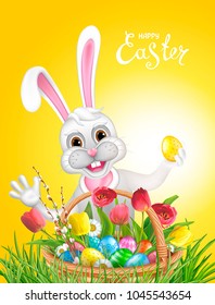 Composition with funny easter Bunny, basket filled with colored eggs, wllow twigs, flowers daisy and tulips. Inscription Happy Easter. Template for greeting cards, calendars, banners, posters