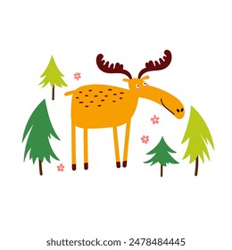 Composition with funny elk, trees and flowers isolated on a white background. Woodland vector illustration for kids.