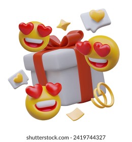 Composition with funny emoticons with heart eyes flying near big gift box