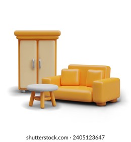 Composición con mobiliario de habitación. Armario para ropa y objetos, sofá cómodo y mesa de té. Colección de muebles de casa. Ilustración vectorial en estilo 3d