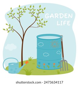 A composition of a garden barrel, a shovel, dug up earth with planted lettuce. Agricultural tools. Garden life. Vector illustration on a background of sky and grass. 