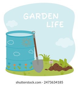 A composition of a garden barrel, watering can, pitchfork, tree with leaves. Agricultural tools. Garden life. Vector illustration on a background of sky and grass. 