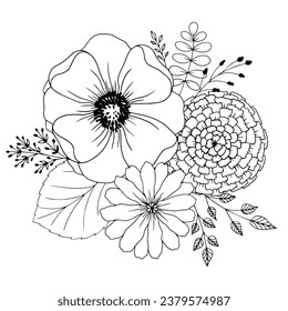 Composition of garden flowers and buds with leaves, monochrome vector illustration