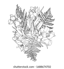 composition of garden flowers, lilies and irises with fern leaves, monochrome vector illustration