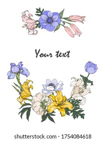 Composition of garden flowers, lilies,anemones irises and peonies, template for invitation design, vector illustration