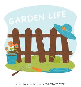 A composition of a garden hose, a flower pot, a fence, a hat, a rake. Agricultural tools. Garden life. Vector illustration on a background of sky and grass. 