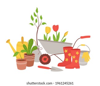 Composition from garden tools. Concept of love for gardening, planting seedlings, yard care, farming as a hobby. Vector illustration in flat style isolated on white background