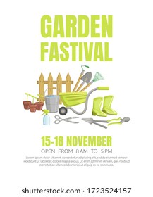 Composition of garden tools and lettering. Vector illustration.
