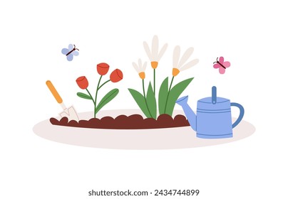 Composition from garden tools. Planted flowers and watering can. Flat vector illustration isolated on white background.