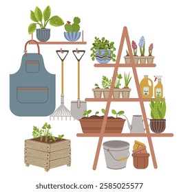 Composition of garden tools and plants in pots. Concept of love for gardening. Vector illustration in flat style isolated on white background