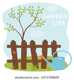 A composition of a garden watering can, a fence, a tree with leaves and a ladybug. Agricultural tools. Garden life. Vector illustration on a background of sky and grass. 