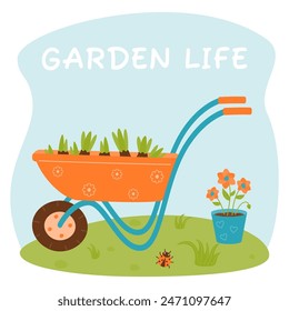 A composition of a garden wheelbarrow with seedlings, a flower pot and a ladybug. Agricultural tools. Garden life. Vector illustration on a background of sky and grass. 