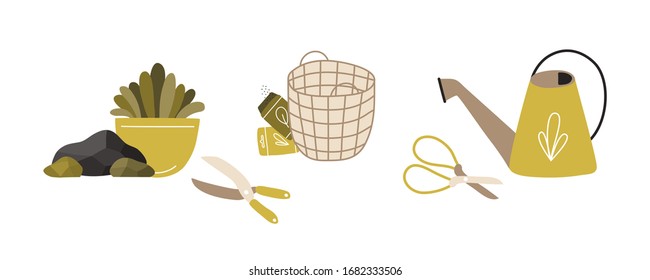 Composition with gardening tools isolated on white background. Bundle of equipment for agricultural work, plant cultivation or transplantation, work in garden. Flat cartoon vector illustration.