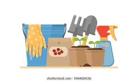 Komposition mit Gartenwerkzeugen einzeln auf weißem Hintergrund.