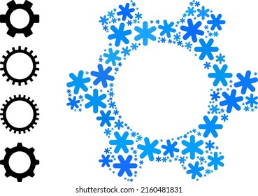 Kompositionsgetriebe Piktogramm ist für den Winter, Neujahr, Weihnachten gebaut. Das Zahnsymbol-Mosaik ist aus hellblauen Schneeelementen gebaut. Es werden einige Bonussymbole hinzugefügt.