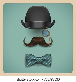 Composition of gentleman accessories. Realistic black bowler hat, brown mustache, golden monocle and bow tie isolated on retro background. Vector illustration.