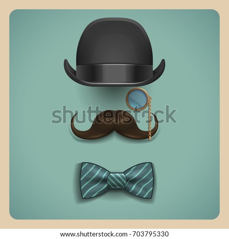 Composition of gentleman accessories. Realistic black bowler hat, brown mustache, golden monocle and bow tie isolated on retro background. Vector illustration.