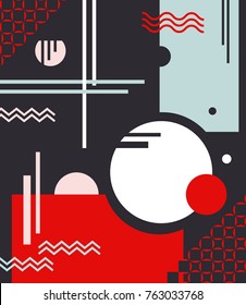 Composition of geometric shapes with circles and lines with use of fashionable colors on a black background. Abstraction. Rich red, pink, celadon. The vertical arrangement. Vector