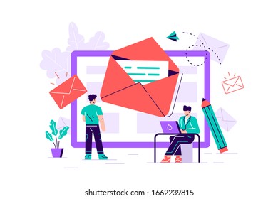 Composition with giant tablet PC, letter in envelope on screen, group of working people or team of marketers. Email marketing, internet advertisement, online promotion. Flat style vector illustration