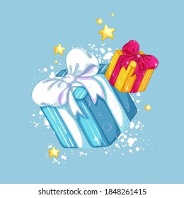 Composition of gift boxes with beautiful bows on a background of snow and gold stars. Christmas decorations.