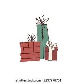 Composition of gift boxes with bows and a wrapper in Christmas colors on a white background.