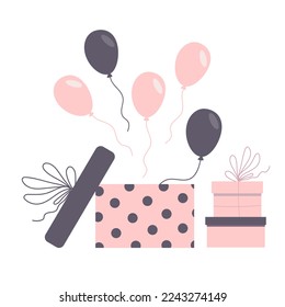 Composition of gift boxes and an open gift with soft pink balloons flying out in combination with gray